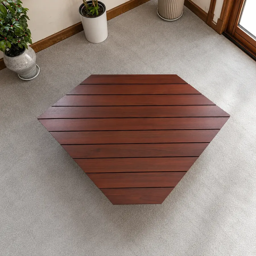 Hexagon teak corner base made of continuous planks with ventilation gaps