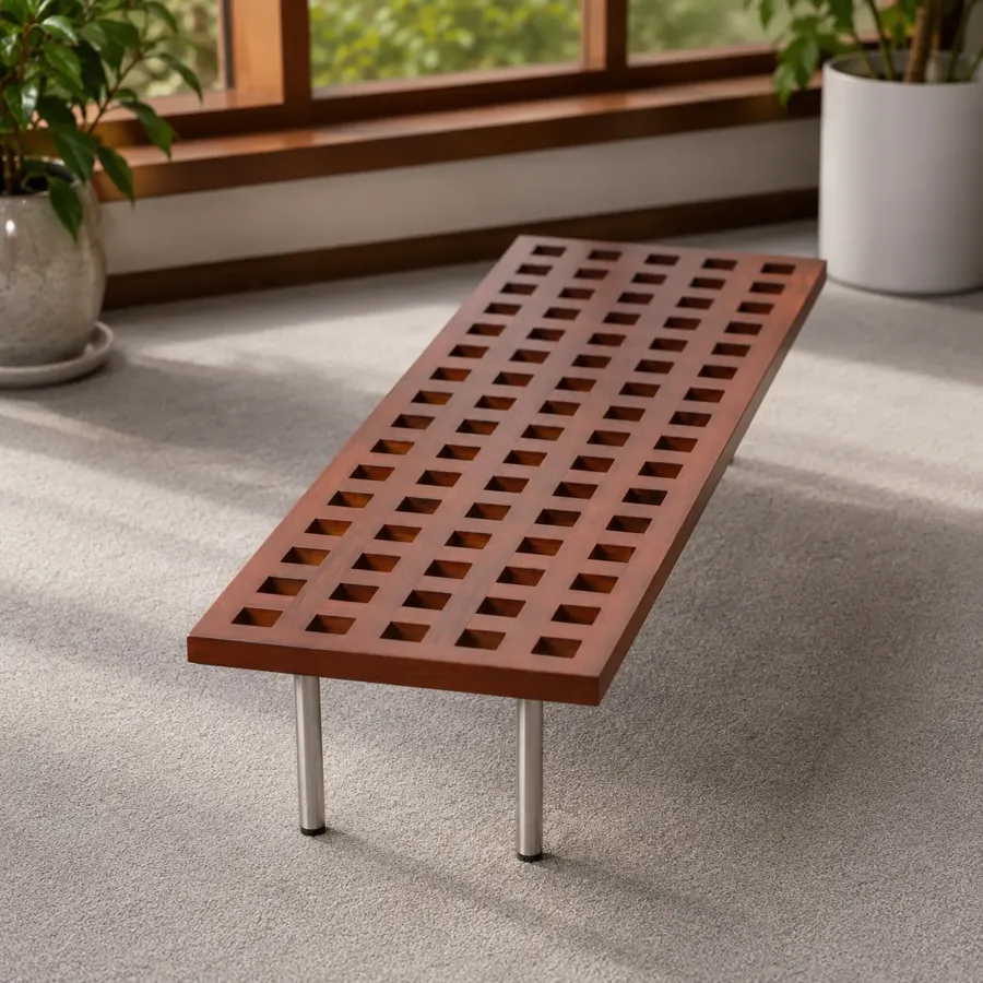 Checkerboard Burmese teak gap table on stainless steel legs
