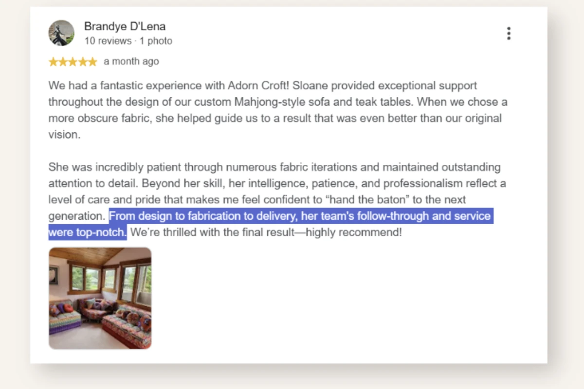 Five-star customer review with a photo of the finished sofa
