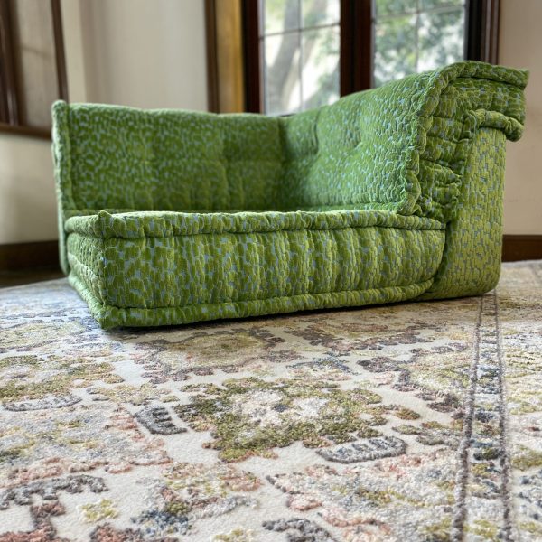 French Daybed Mah Jong Sofa, Corner Seater in green textured fabric, low angle view showing intricate fabric detail