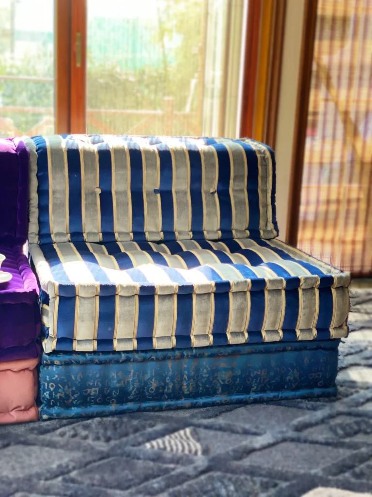 Side View of a Striped Blue and Gold Mah Jong Sofa Section
