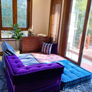 Purple and Blue French Daybed Mah Jong Sofa in a Sunlit Living Room