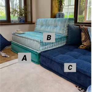 Mah Jong Sofa sectional with labeled parts (A: green base, B: light blue upper cushion, C: navy seating), showcasing layered patterns and textures.
