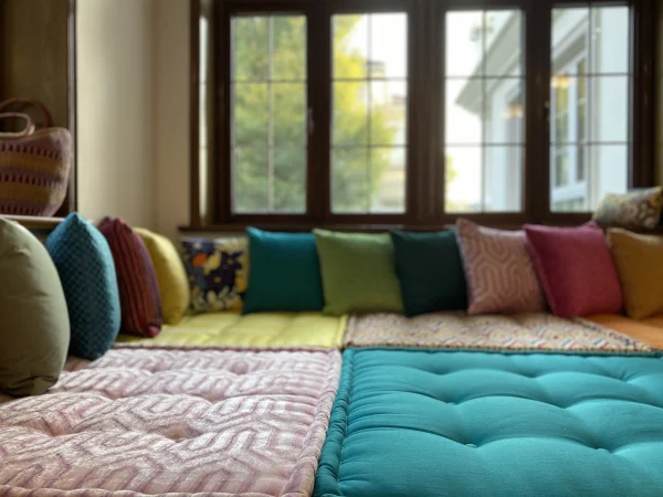 Mah Jong daybed set near large windows, highlighting vibrant cushions in turquoise, pink, and green tones for a stylish lounging area.