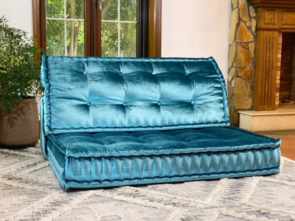 Full front view of the Mah Jong French daybed sofa in vibrant teal velvet, styled for luxurious living spaces.