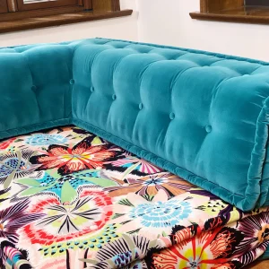 Elegant Mah Jong daybed with teal velvet and intricate floral patterns, emphasizing French-style design.