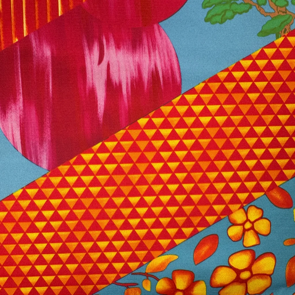 Digital printed velvet 66: stripes of red and gold triangles