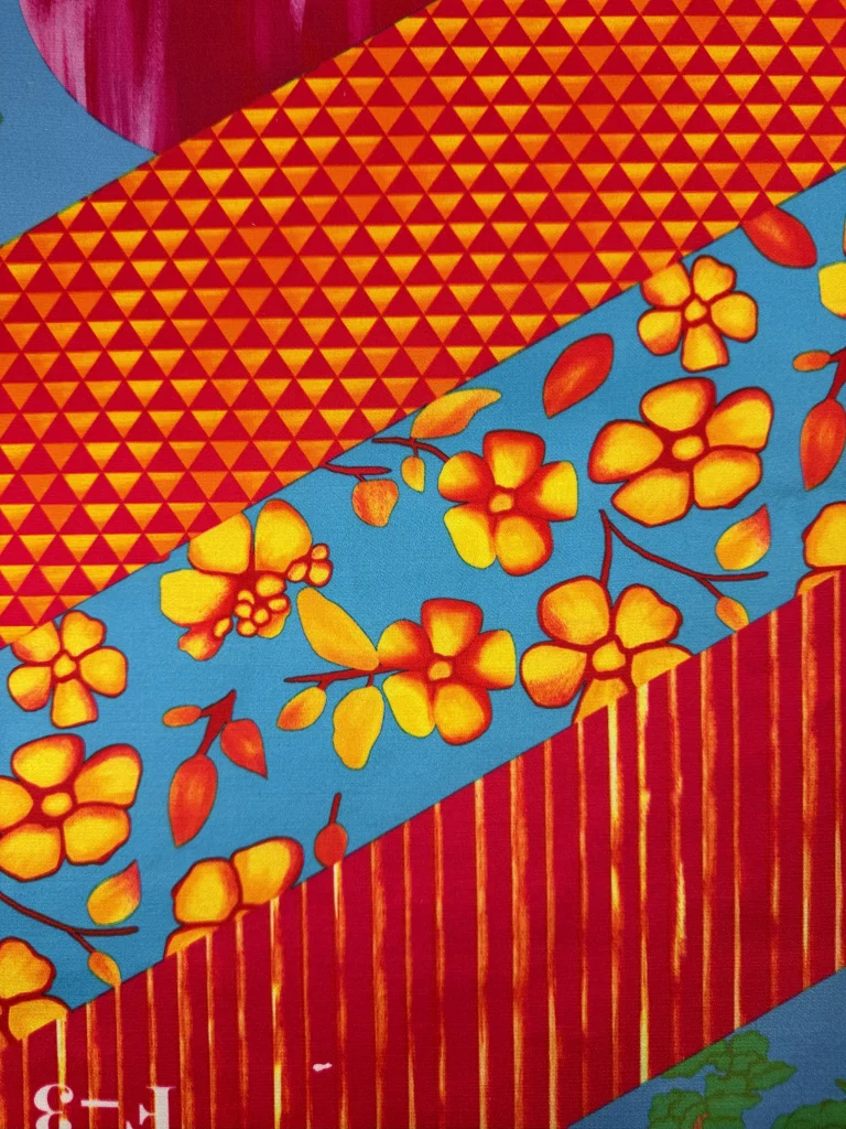 Digital printed velvet 66: stripes of red and gold triangles