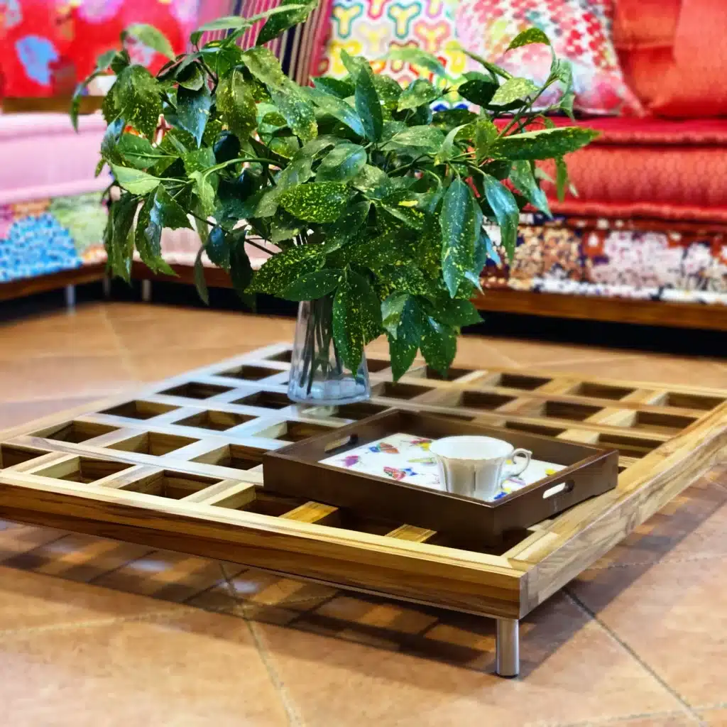 Natural Teak Wood Base / Level Coffee Table - Big Checkerboard Holes