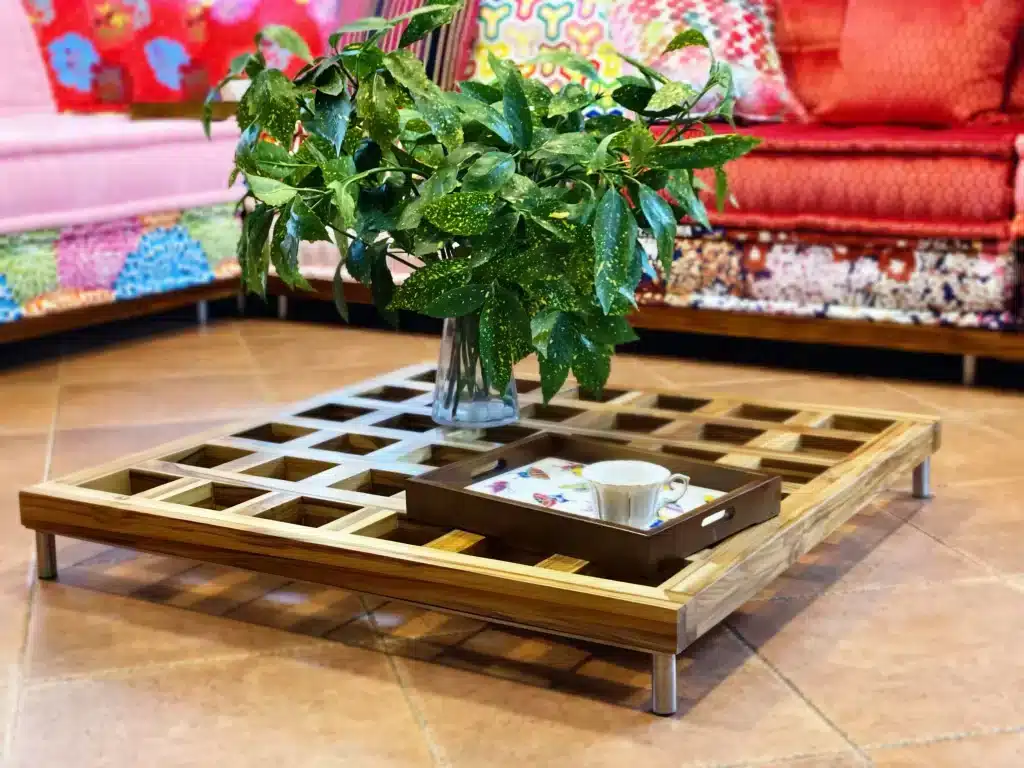 Natural Teak Wood Base / Level Coffee Table - Big Checkerboard Holes