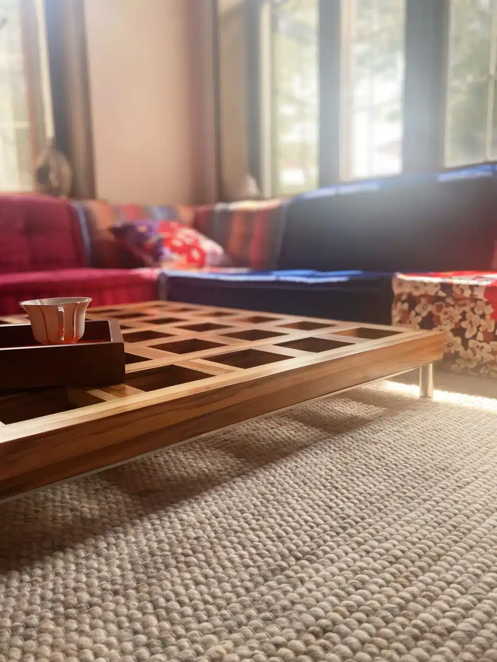 Natural Teak Wood Base / Level Coffee Table - Big Checkerboard Holes