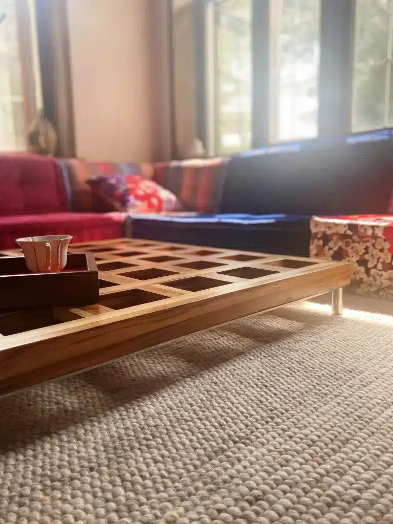 Natural Teak Wood Base / Level Coffee Table - Big Checkerboard Holes