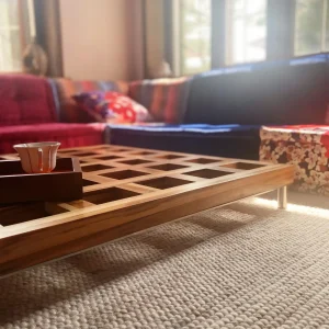 Natural Teak Wood Base / Level Coffee Table – Big Checkerboard Holes