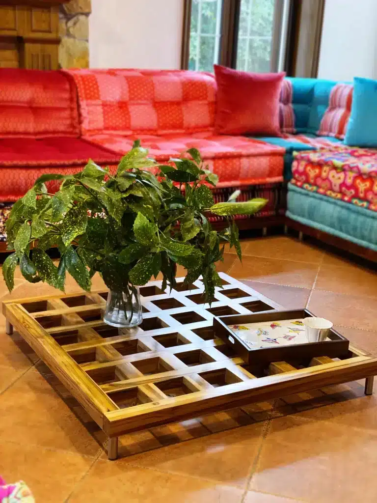 Natural Teak Wood Base / Level Coffee Table - Big Checkerboard Holes