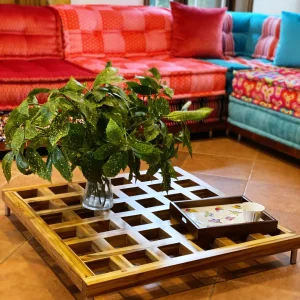 Natural Teak Wood Base / Level Coffee Table – Big Checkerboard Holes