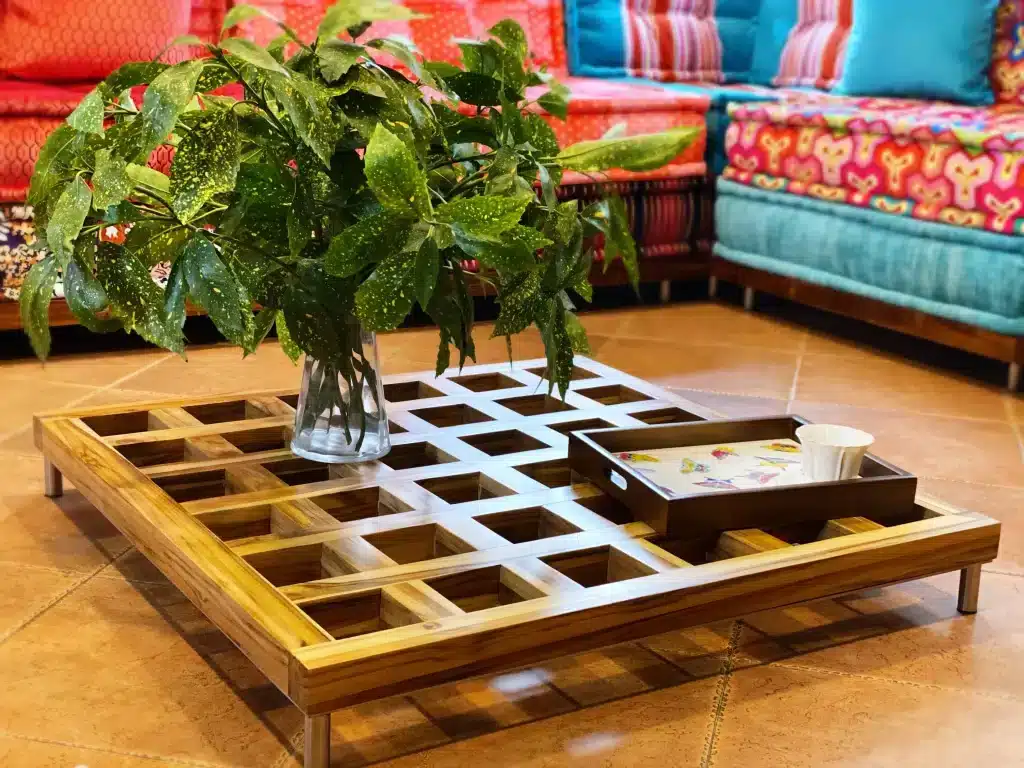 Natural Teak Wood Base / Level Coffee Table - Big Checkerboard Holes