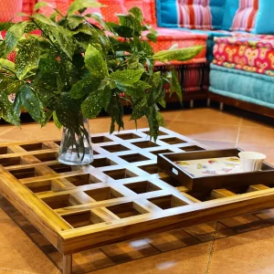 Natural Teak Wood Base / Level Coffee Table – Big Checkerboard Holes
