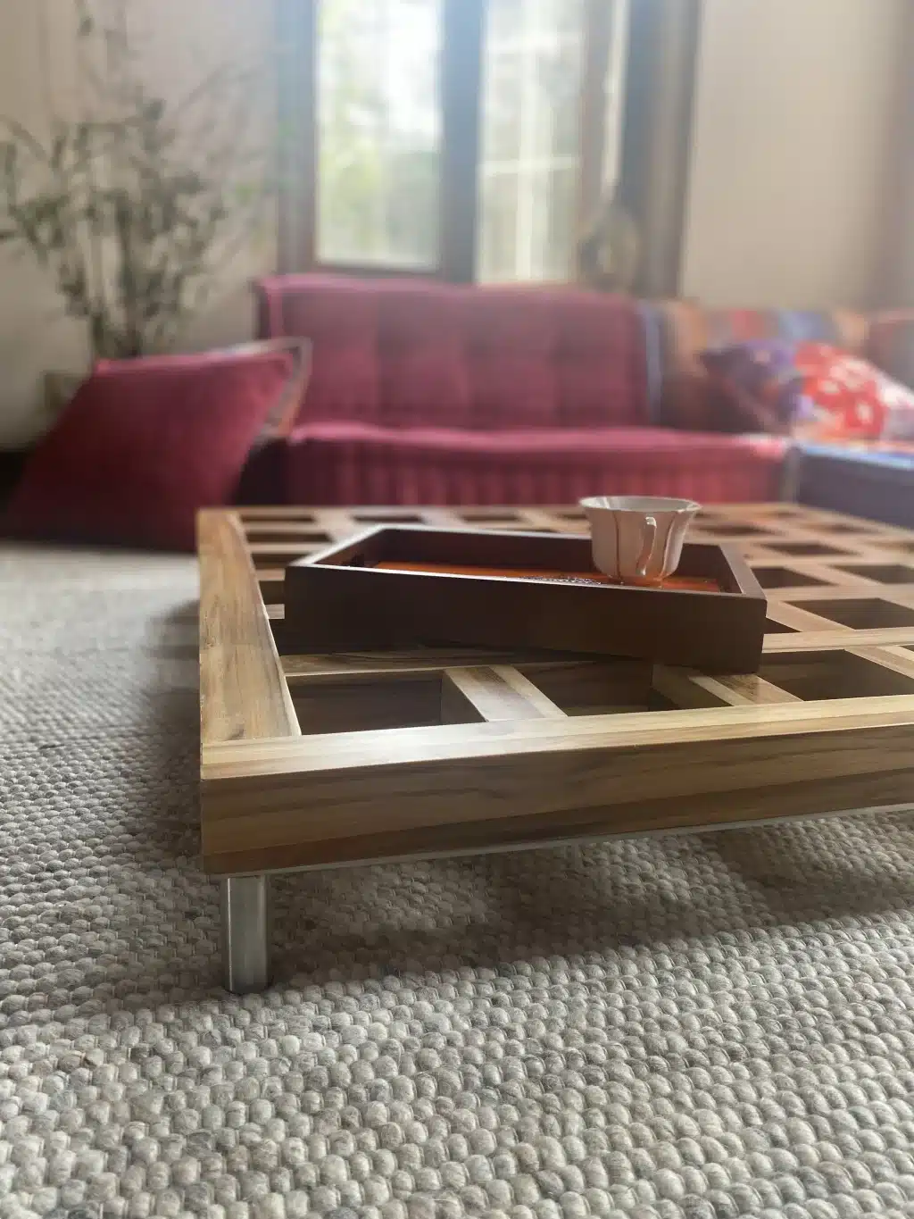 Natural Teak Wood Base / Level Coffee Table - Big Checkerboard Holes