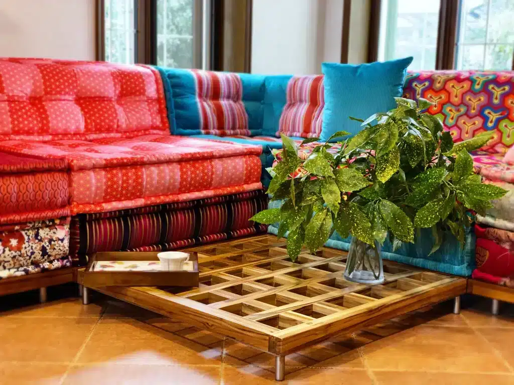 Natural Teak Wood Base / Level Coffee Table - Big Checkerboard Holes