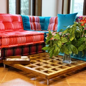 Natural Teak Wood Base / Level Coffee Table - Big Checkerboard Holes