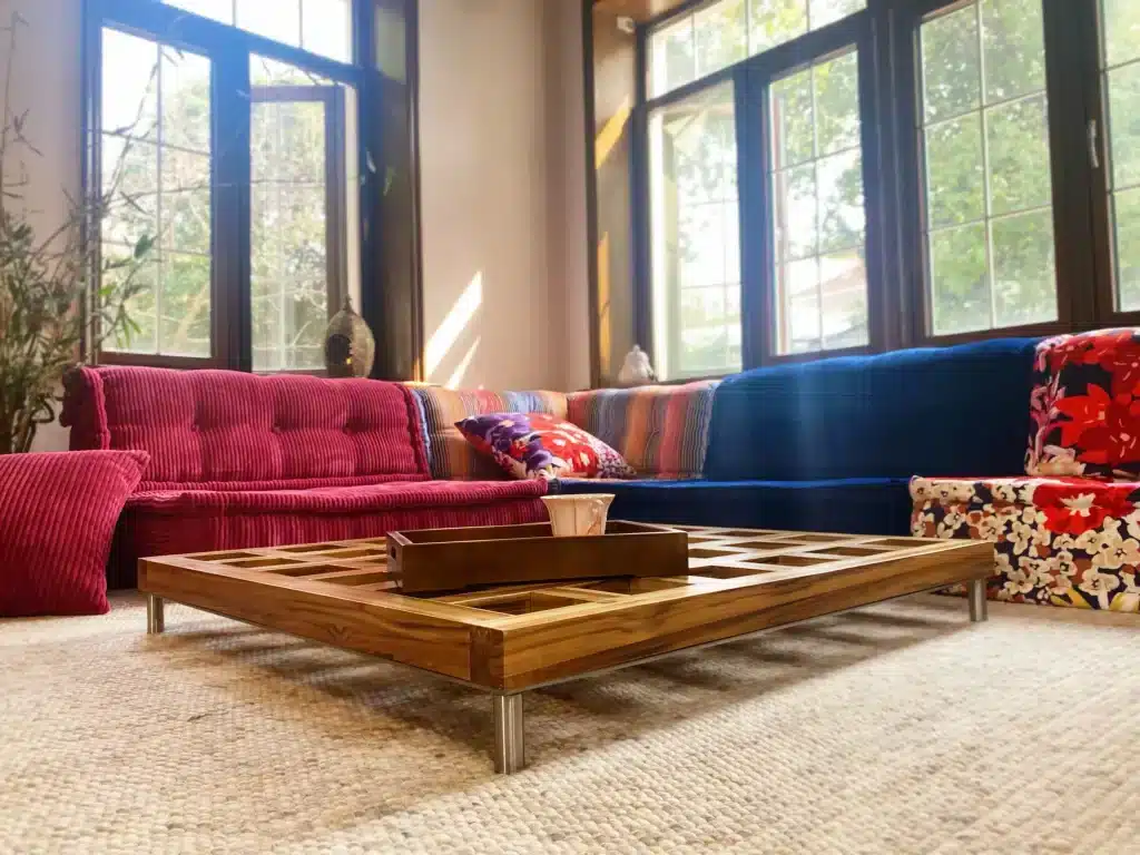 Natural Teak Wood Base / Level Coffee Table - Big Checkerboard Holes