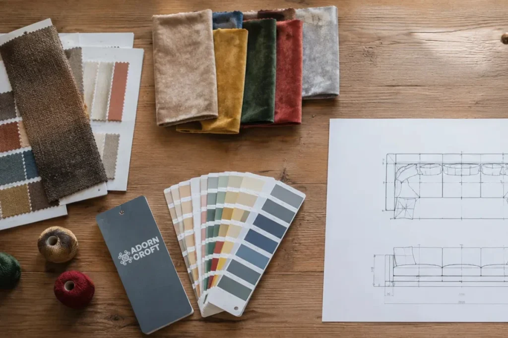 Material swatches custom designed by customers on a table