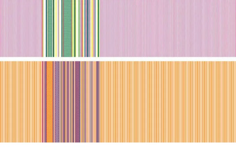 Two stripe patterns stacked, with a pink and green reference on top and the reworked, custom orange and purple version below
