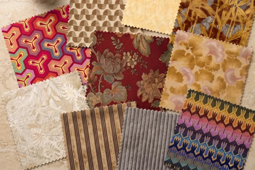 Vibrant sofa fabrics with colorful patterns including floral, stripes, and abstract prints