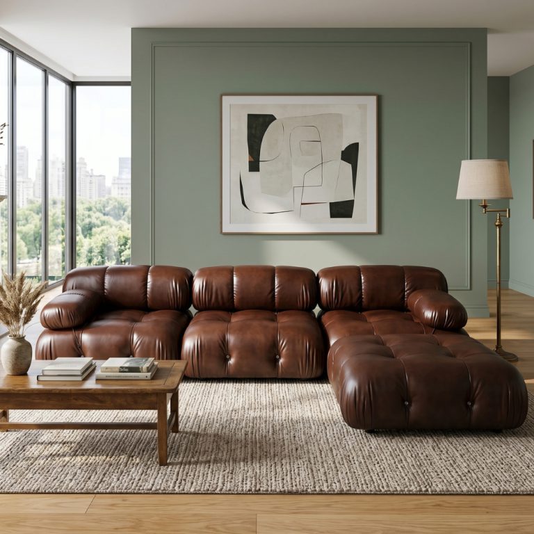 Brown leather Mario Bellini Sofa in a living room.