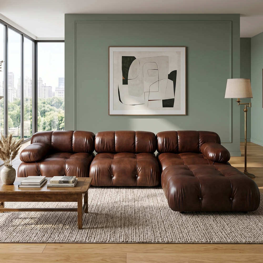 Brown leather Mario Bellini Sofa in a living room.