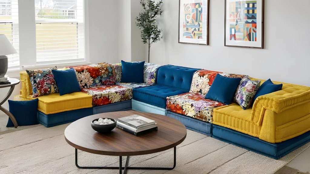 Colorful Adorn Croft custom modular sofa with vibrant patchwork upholstery in a bright contemporary living room.