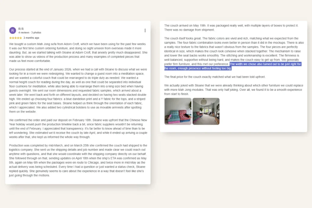Five star Google review from a couple in Chicago praising Adorn Croft for helping them in selecting the right width for their home