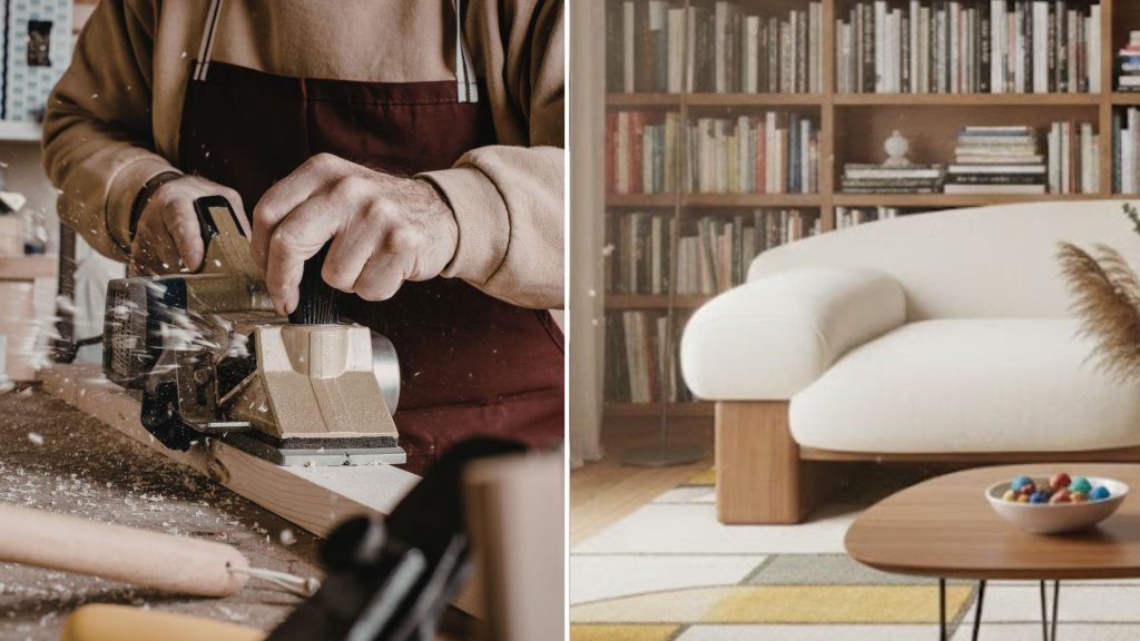 Split image showing custom sofa craftsmanship, with woodworking in progress on the left and a finished modern custom sofa styled in a living room on the right.