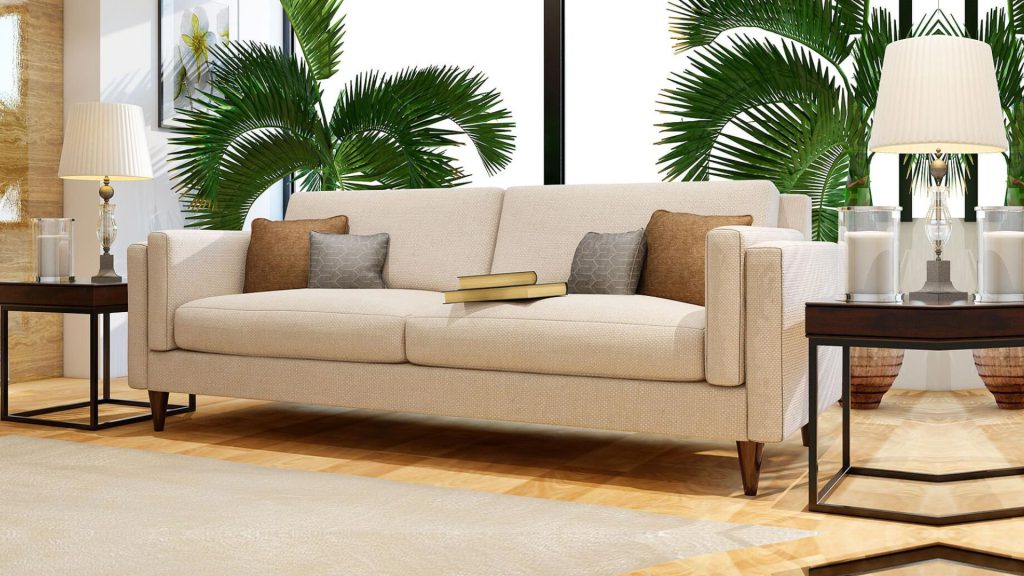 DreamSofa custom sectional positioned in front of large windows.