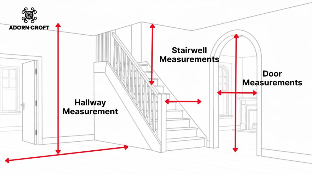 Diagram showing hallway, stairwell, and doorway measurements needed to ensure a sofa fits through the delivery path.