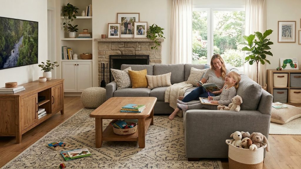 A mom and a child on a grey L-sectional sofa in a living room.