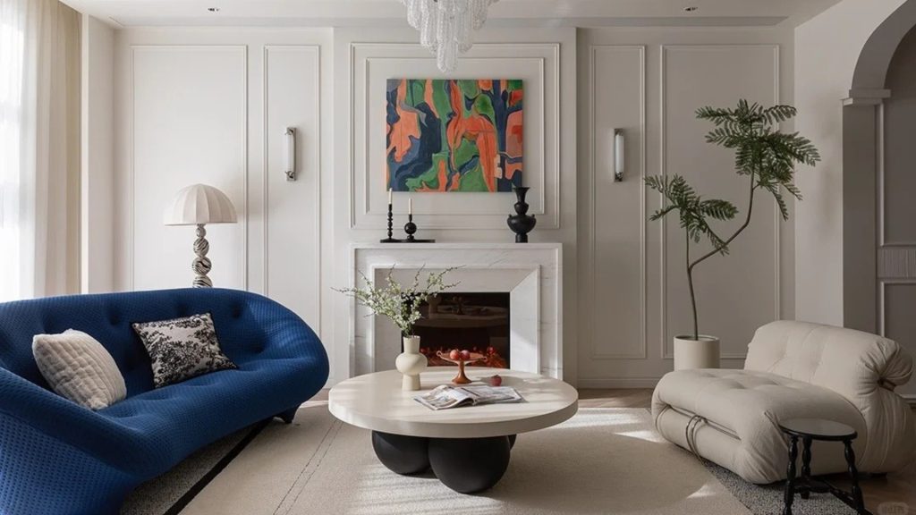 Refined living room styled around a blue three-seater sofa.