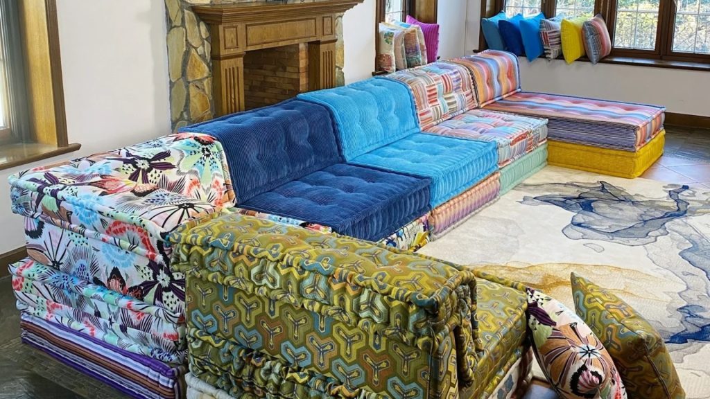 Custom sectional sofa designed with bespoke dimensions to fit the living room layout.