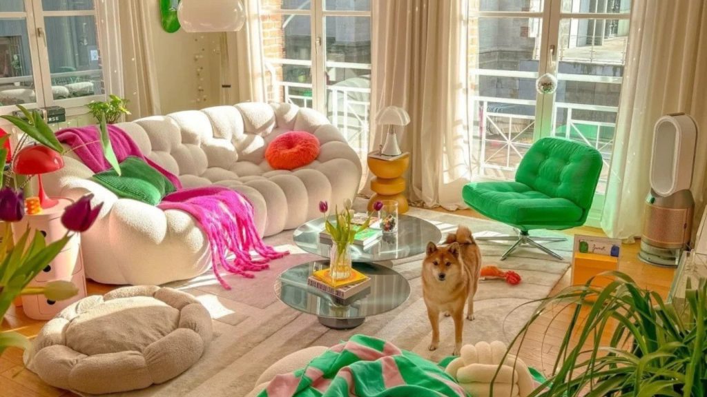 Bright pink, green, and white living room with a sectional sofa and a dog resting.