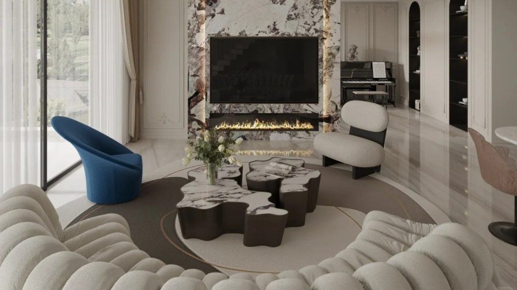 Sectional sofa positioned directly facing the TV for a clear and comfortable viewing layout.