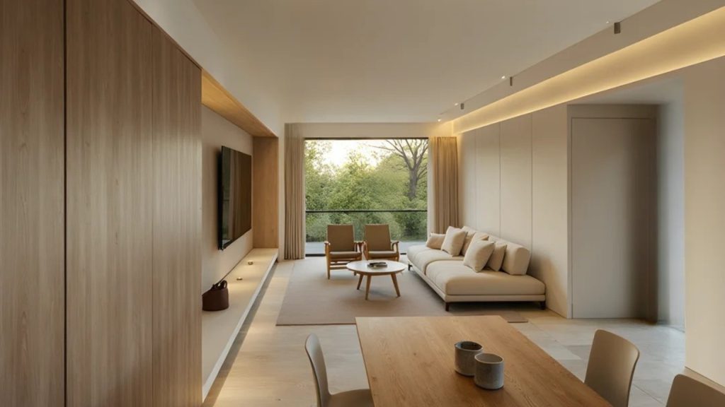 Sectional sofa placed along one long wall with a narrow walkway through the living room.