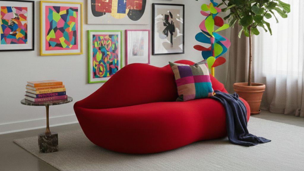 Adorn Croft's 3-Seater Lips Sofa in a bold red palette in an apartment living room with contemporary art.