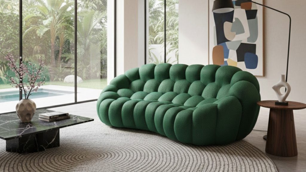 Adorn Croft's green 4-seater bubble sofa in a modern living room with an outdoor pool view.