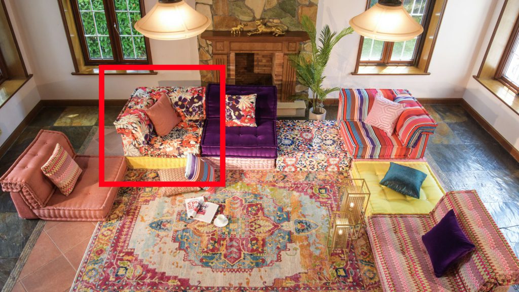 Adorn Croft's colorful sofa with a red box on the module a client wanted to tailor.