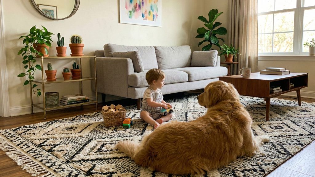 A baby and a golden retriever on a textured rug in a living room.