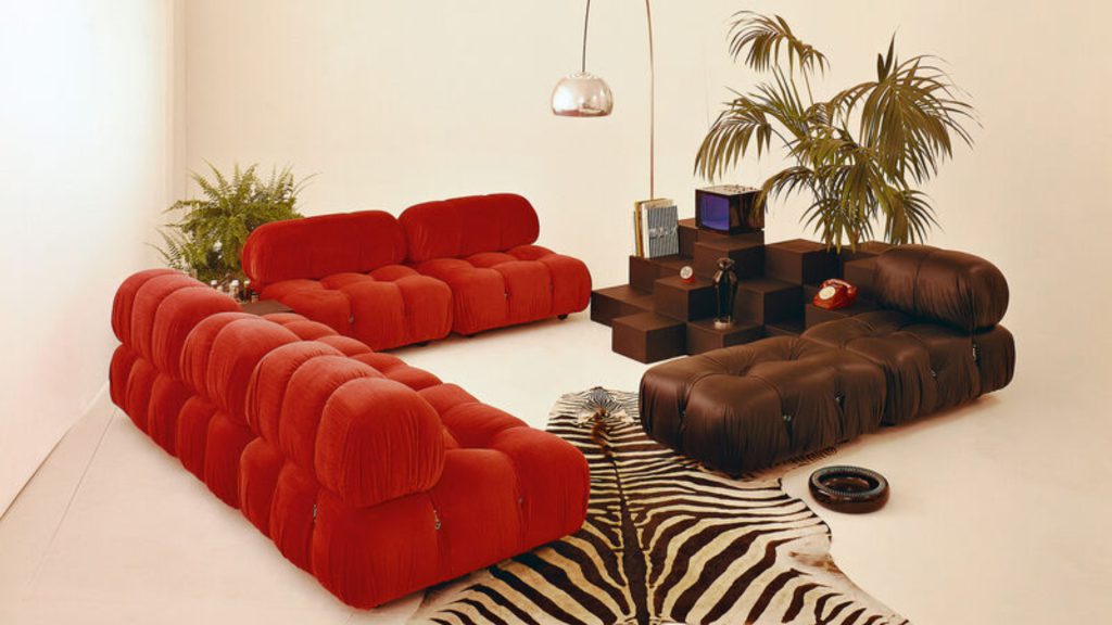 B&B Italia's red and brown Camaleonda sofas.