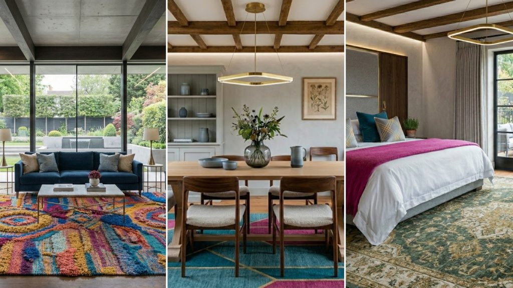 Side-by-side comparison of a bespoke rug in a living room, dining room, and a bedroom.