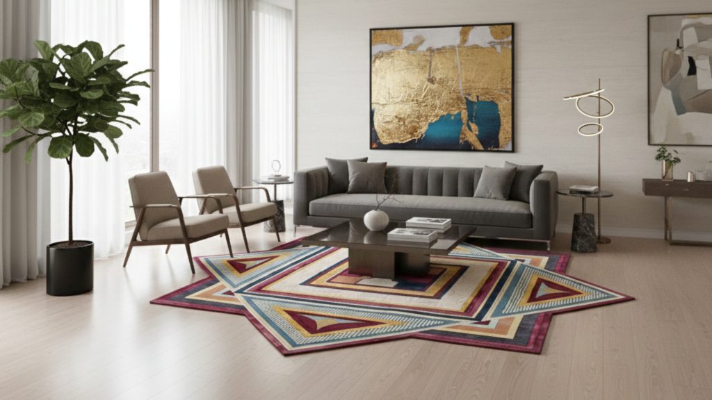 multicolored rug with an abstract shape in a big living room space with a sofa, chairs, and a painting.