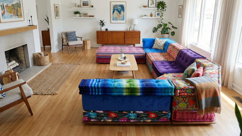 Adorn Croft's colorful sofa in a classic family living room with a fireplace.