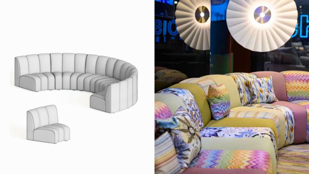 3D wireframe rendering of a curved modular sofa on the left and the finished piece on the right.